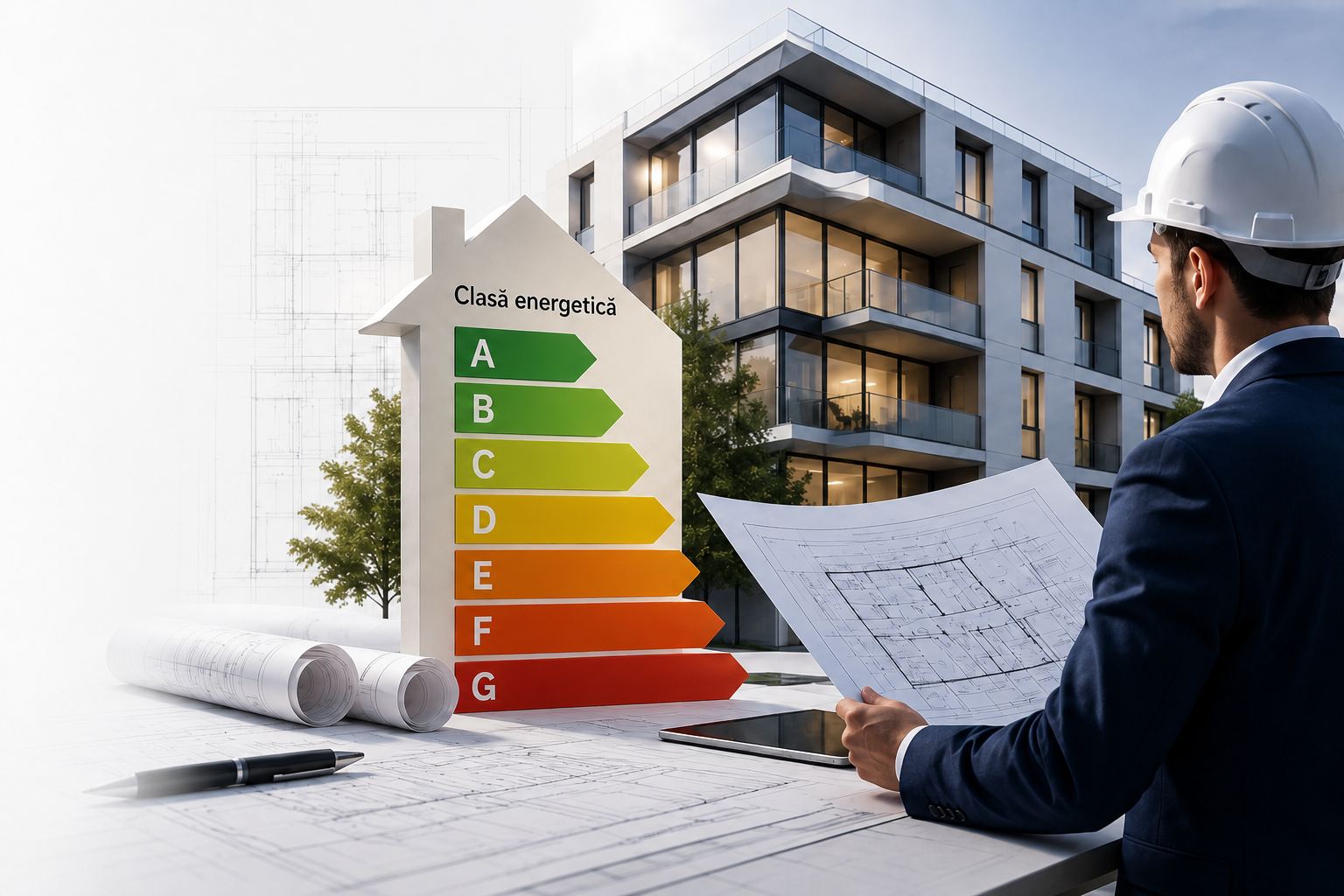 Inginer analizând planuri lângă o clădire modernă și scala energetică A–G